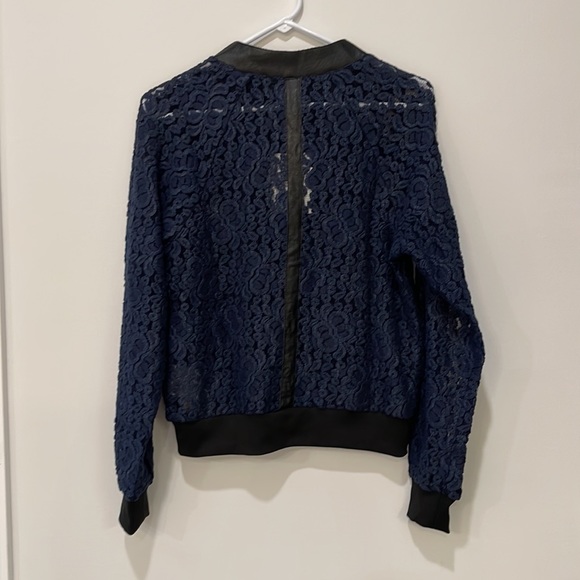 Stella & Dot Navy Blue Lace and Leather Zip up Jacket - Picture 8 of 13